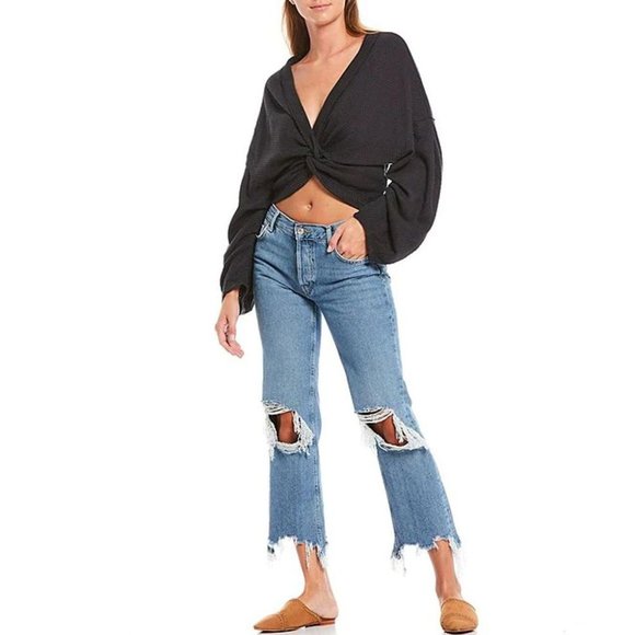 Free People Charcoal Fall For You V-Neck Long Sleeve Twist Front Cropped Tee M - Picture 15 of 15